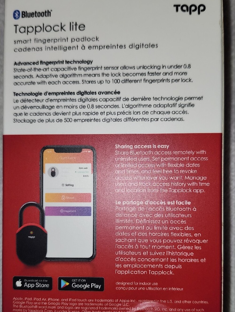 Tapplock Lite Bluetooth Smart Fingerprint Padlock - Red/Black - Picture 5 of 5
